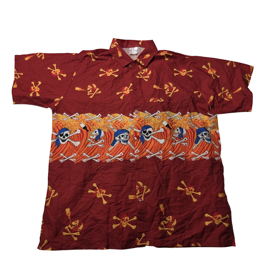 La Leela Shirt Mens Medium Red Pirate Skull Crossbones Hawaiian Party Costume